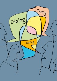 Miteinander sprechende Menschen als Strichzeichnung. In Sprechblasen steht "Dialog"