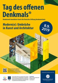 Poster zur Veranstaltung Tag des offenen Denkmals mit Hinweisen zum Datum und dem Motto: Modern(e): Umbrüche in Kunst und Architektur