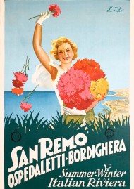 Werbeplakat von 1930. Eine blonde Frau mit weißen Handschuhen hält eine rote Blume empor und einen rot-gelben Strauss vor sich her. Sie steht an der italienischen Riviera.
