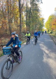 Eine Gruppe von Fahrradfahrern fährt auf einer asphaltierten Straße gesäumt von herbstlichen Bäumen